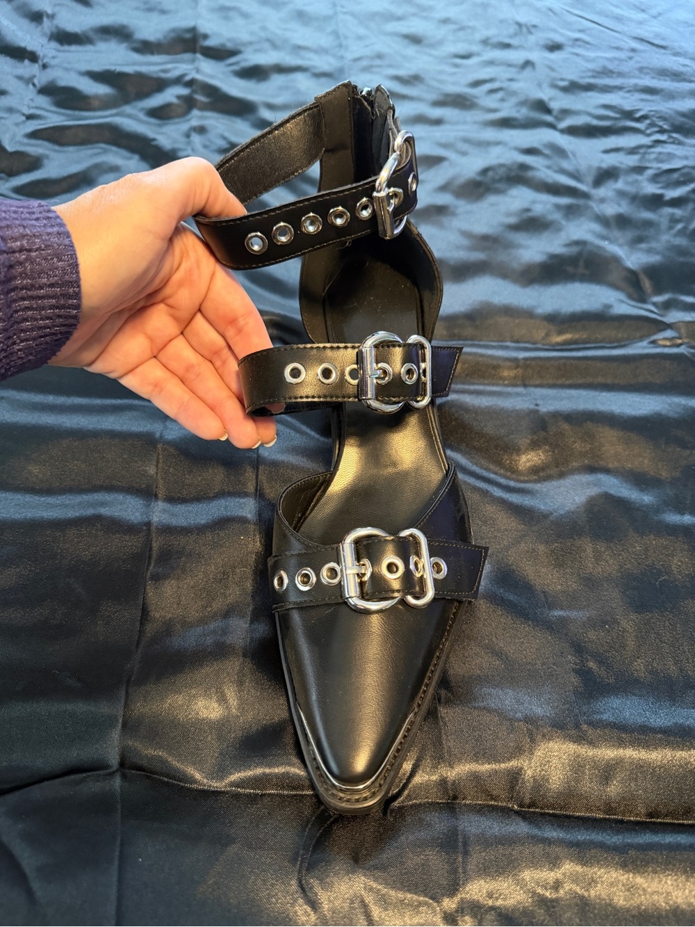 Black Pointed Buckle Ankle-Strap Women's Flats